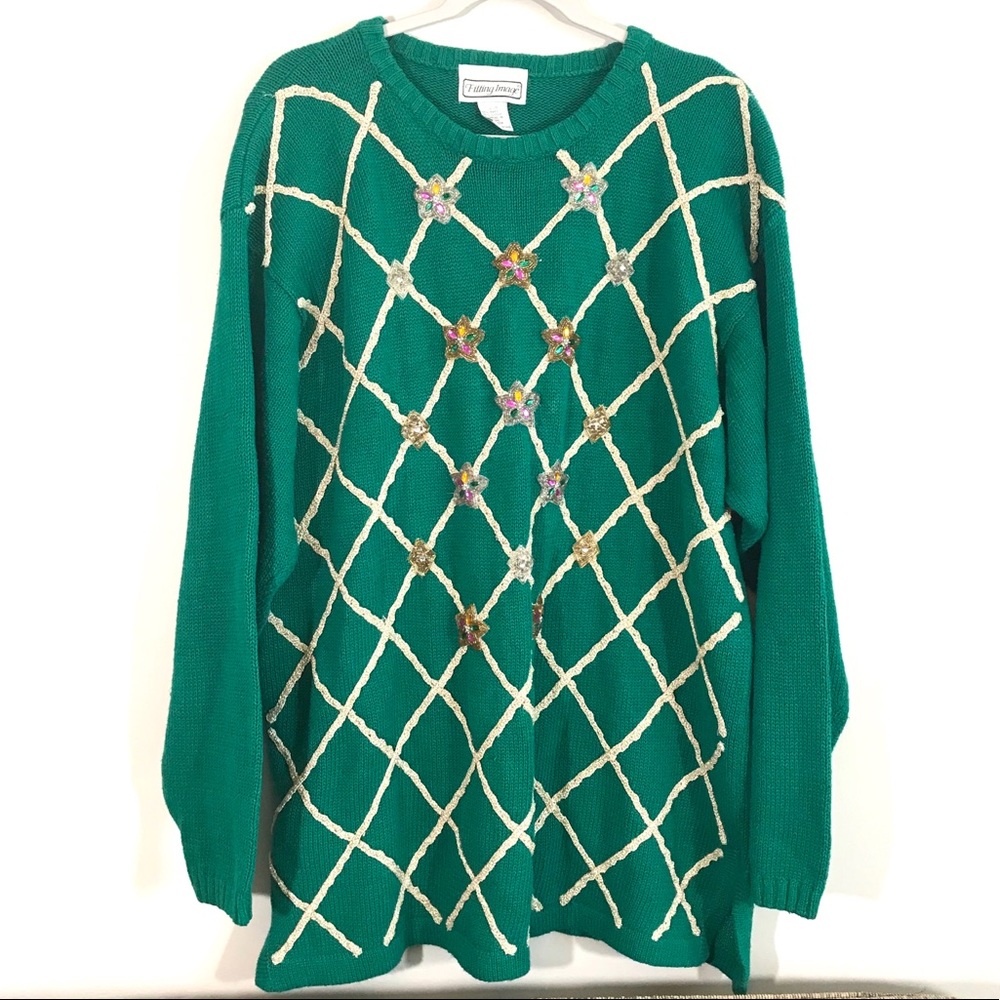Fitting Image “ugly Christmas sweater” beaded knit